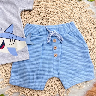 Conj. Camiseta Tubarão Sou Fofo e Bermuda - Mescla e Azul Claro